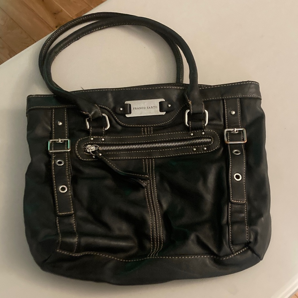 Franco Sarto Black Leather Shoulder Tote with Silver Hardware